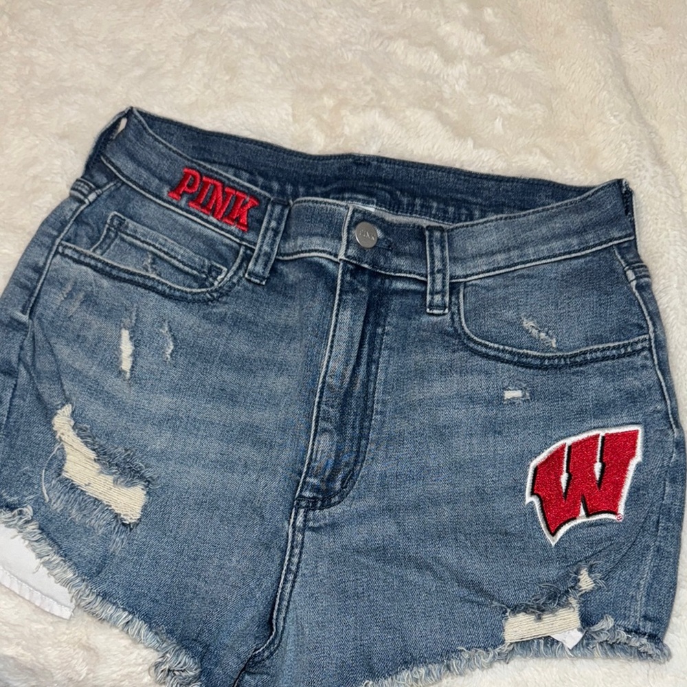 PINK Victoria's Secret Women's Blue Denim Shorts Wisconsin Badger